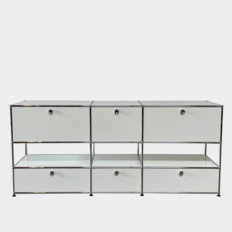 A USM Haller White Cabinet / Console with six compartments, featuring a minimalist design and a chromed steel frame, reminiscent of the USM Haller Office Cabinet.