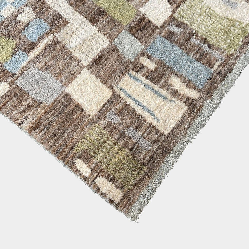 A Handmade Pakistan Design 9' x 13' Rug with brown, blue, and green squares on a white background.