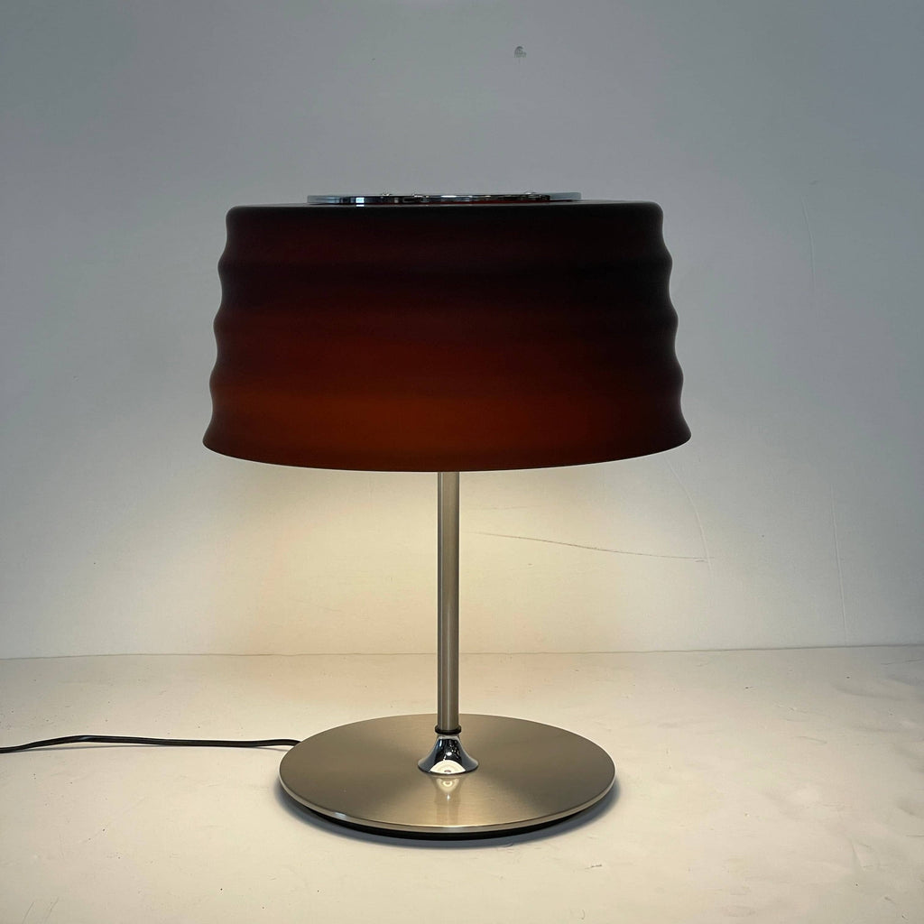Penta C'Hi Table Light, Large with a black blown glass shade on a silver base against a white background.