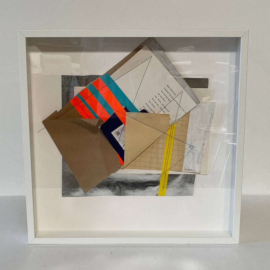 A framed piece of paper with various pieces of paper in it, called Collage: Untitled 9 by Allison Caesar.
