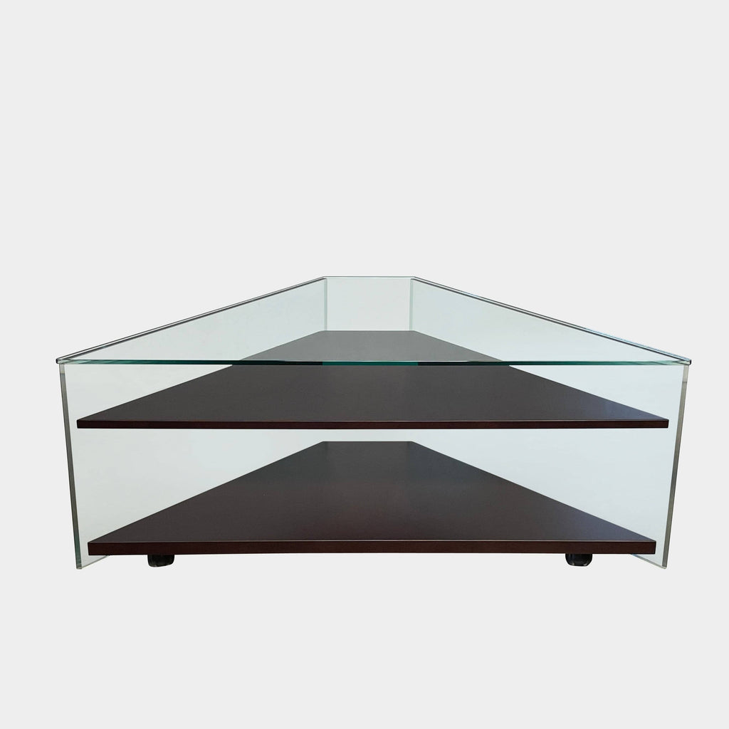 An Artelano Corner Shelf Unit with a glass top and a wooden base.
