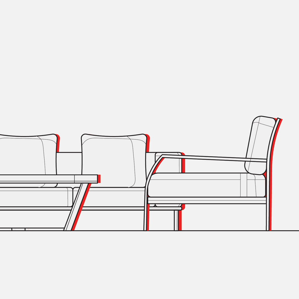 A drawing of a sofa and a coffee table.