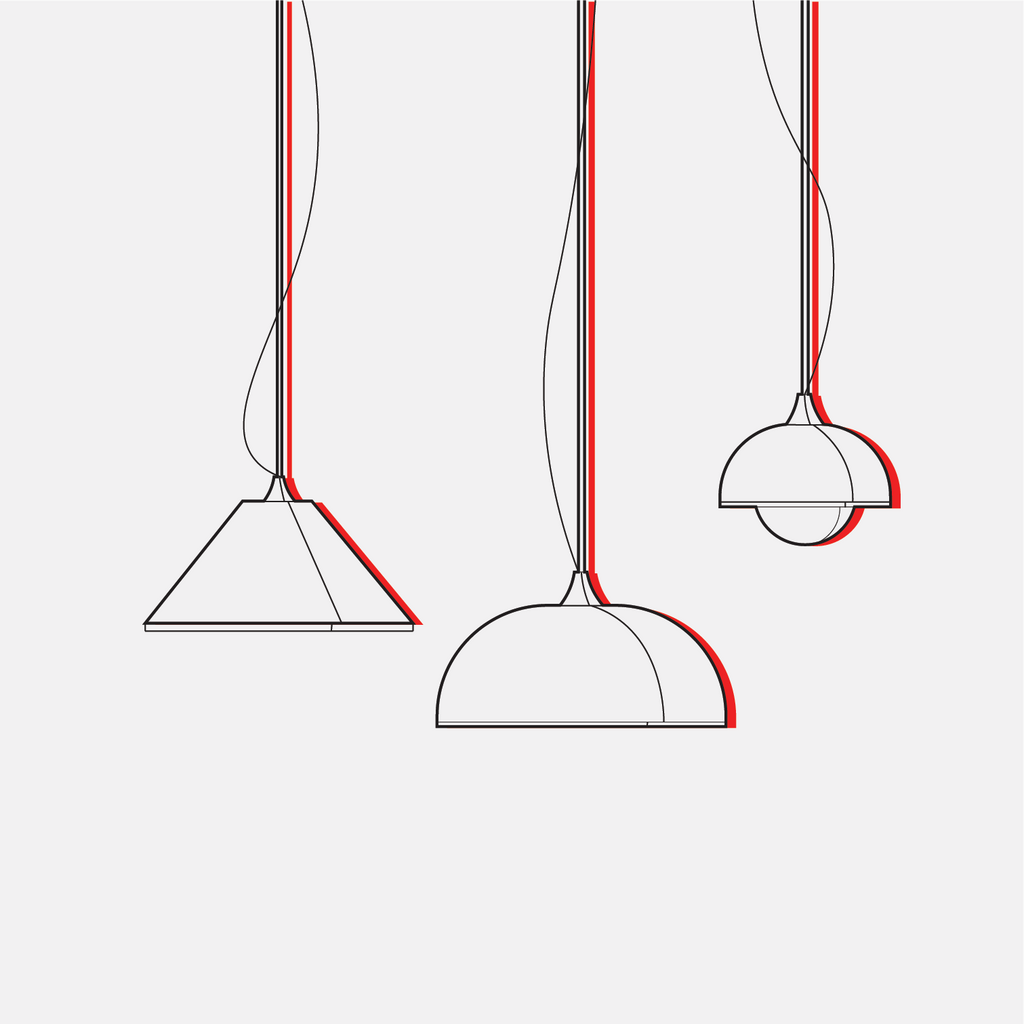 Three hanging lamps with red lines on a white background.