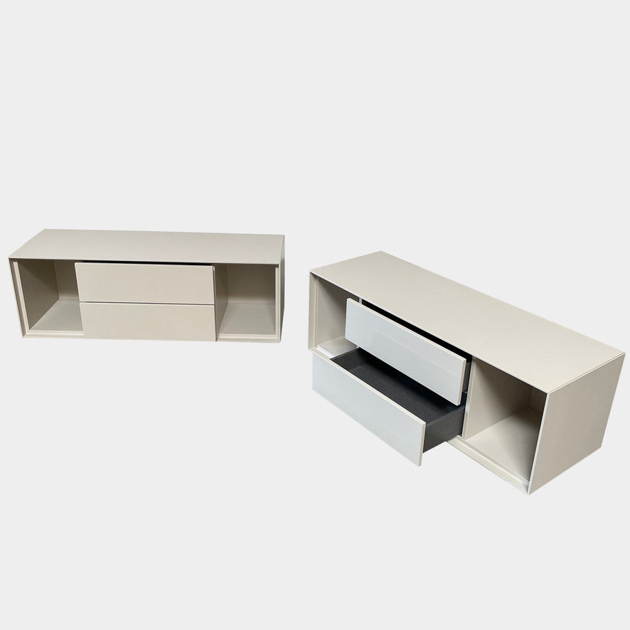Modern white Dado Nightstand Set 2 with open storage and drawers, one with drawers closed and the other featuring push-to-open drawers from B&B Italia.