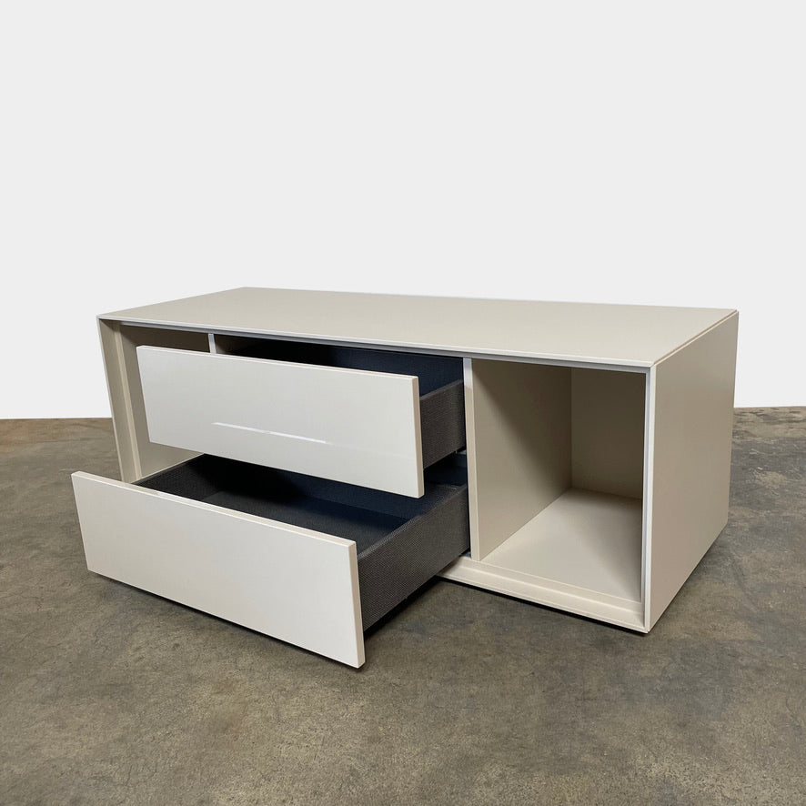 Modern white Dado Nightstand Set 2 with open storage and drawers, one with drawers closed and the other featuring push-to-open drawers from B&B Italia.