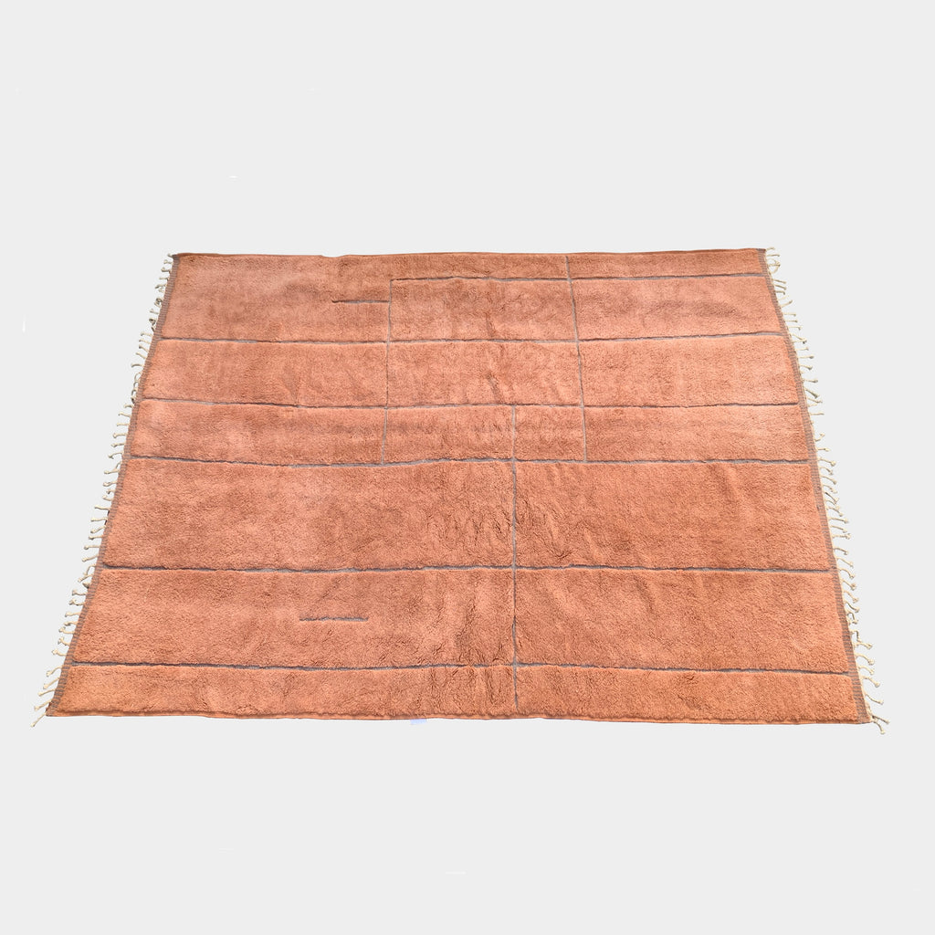 A **Moroccan** rug with tassels and fringes on a white background.