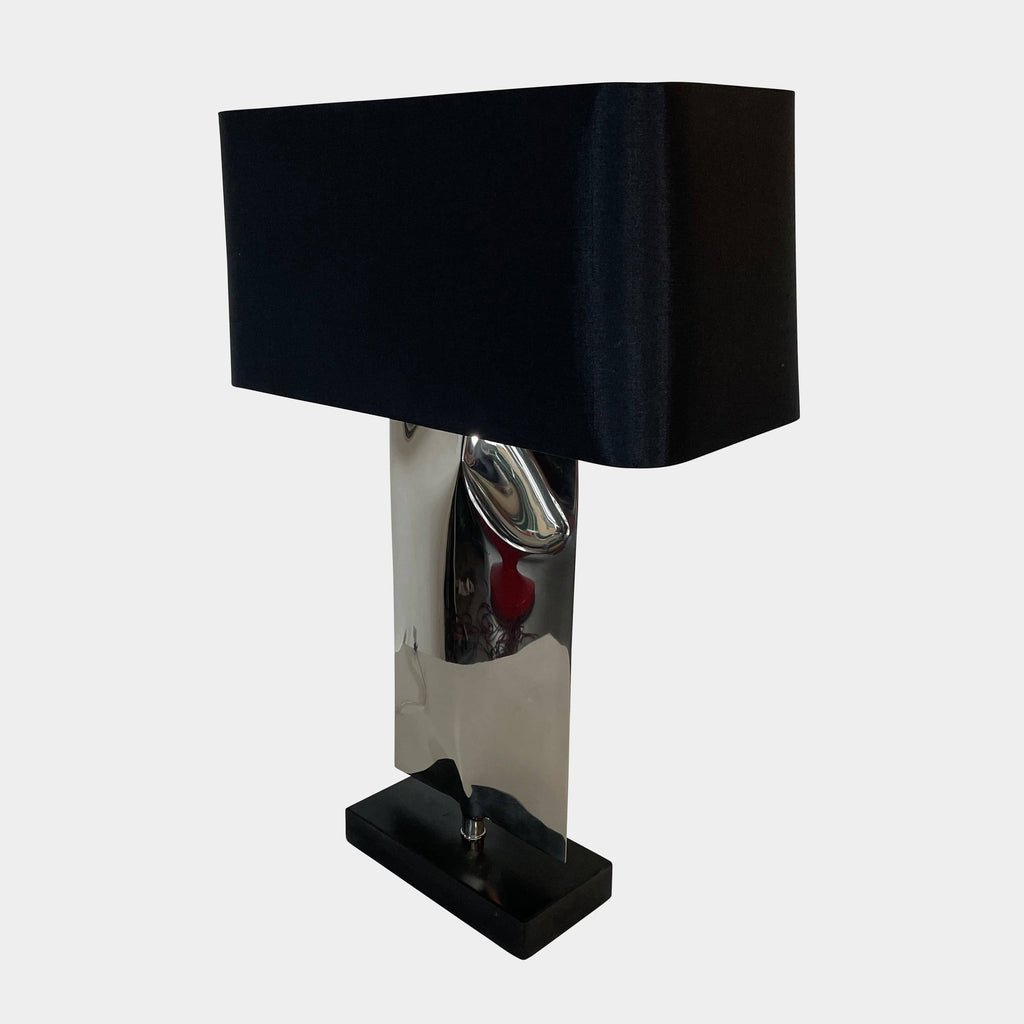 A Porta Romana Waterfall Table Lamp with a metallic base and a rectangular black fabric shade, designed by Porta Romana, isolated on a white background.