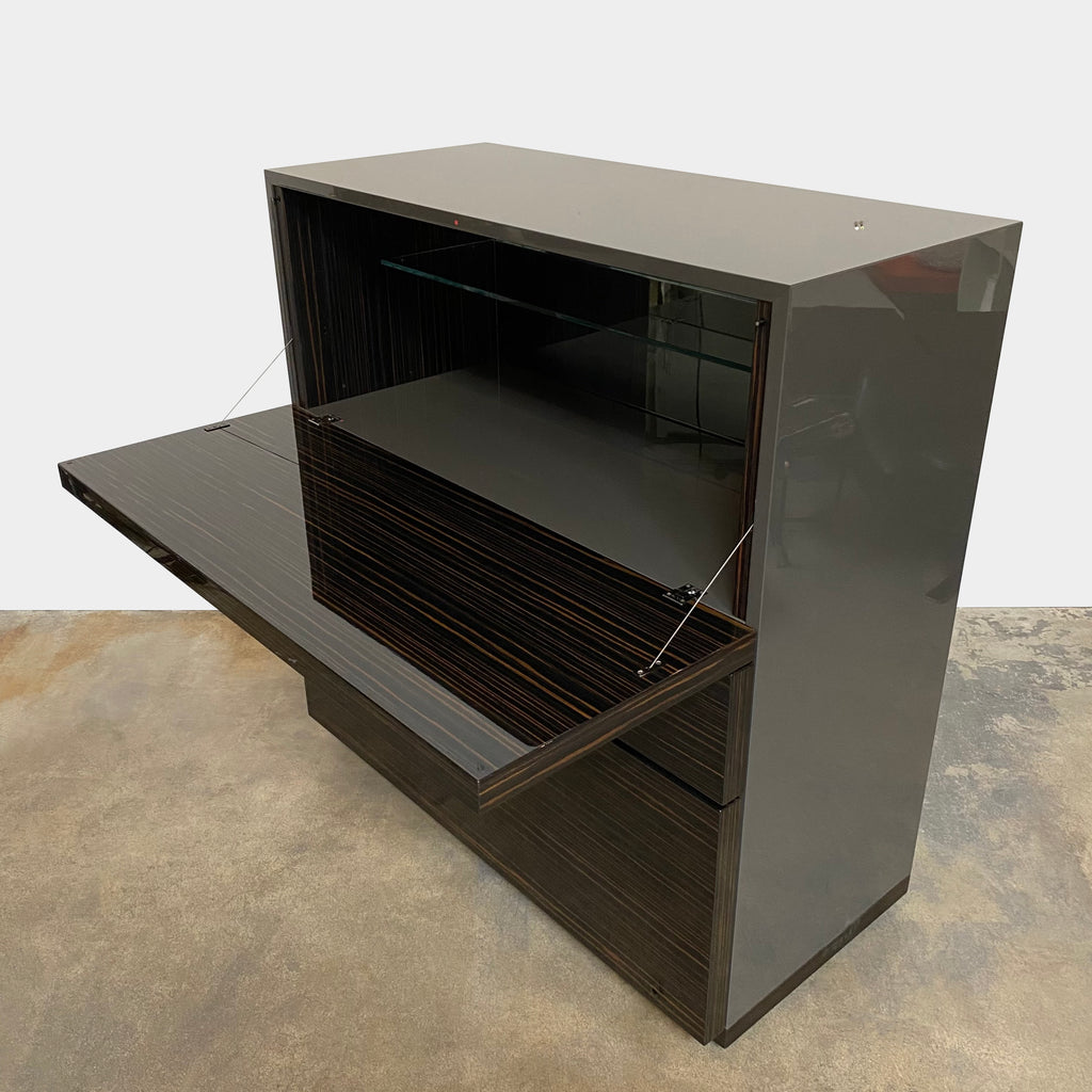 Minotti Carson Cabinet with two drawers, featuring dark wood with visible horizontal grain pattern and subtle golden streaks, optimized for increased storage space.