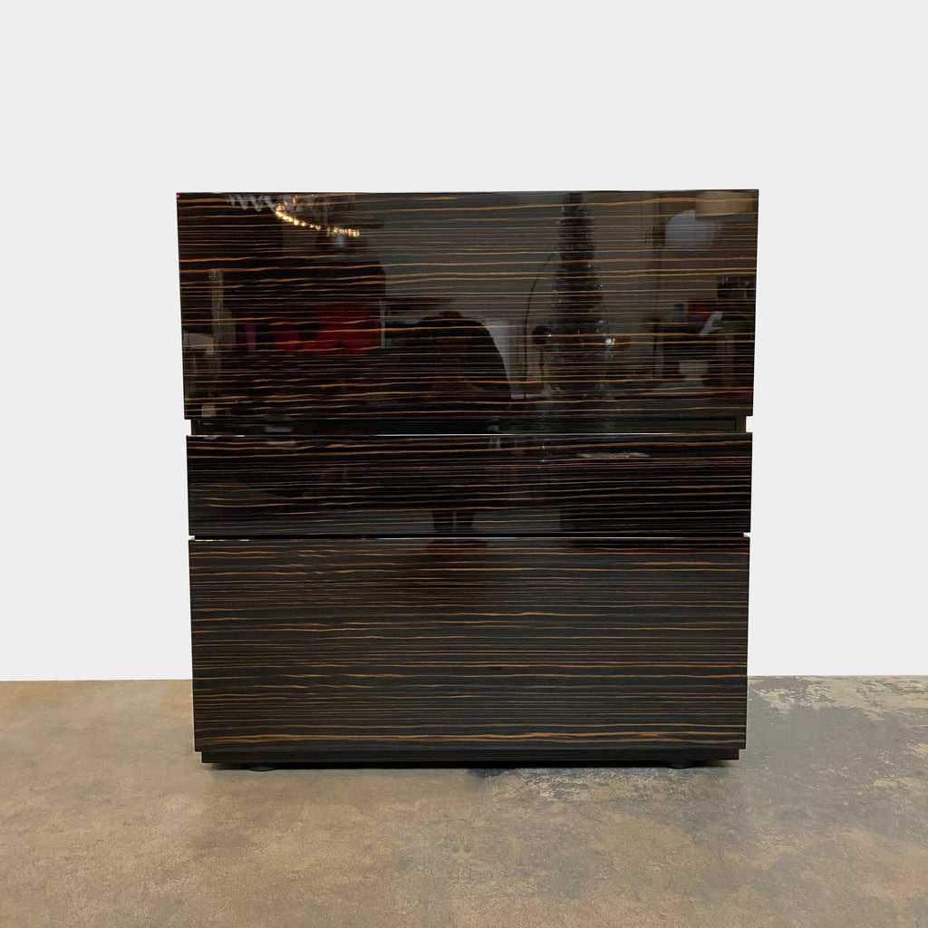 Minotti Carson Cabinet with two drawers, featuring dark wood with visible horizontal grain pattern and subtle golden streaks, optimized for increased storage space.
