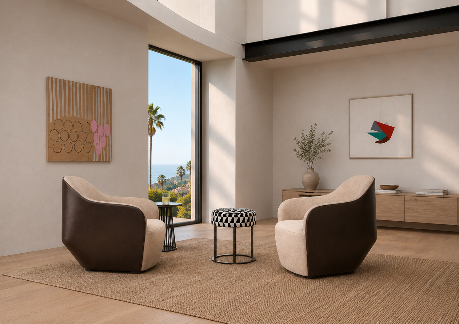 A modern living room with two armchairs, a small round table, a rug, wall art, a sideboard with a vase, and a large window showing palm trees and an ocean view.