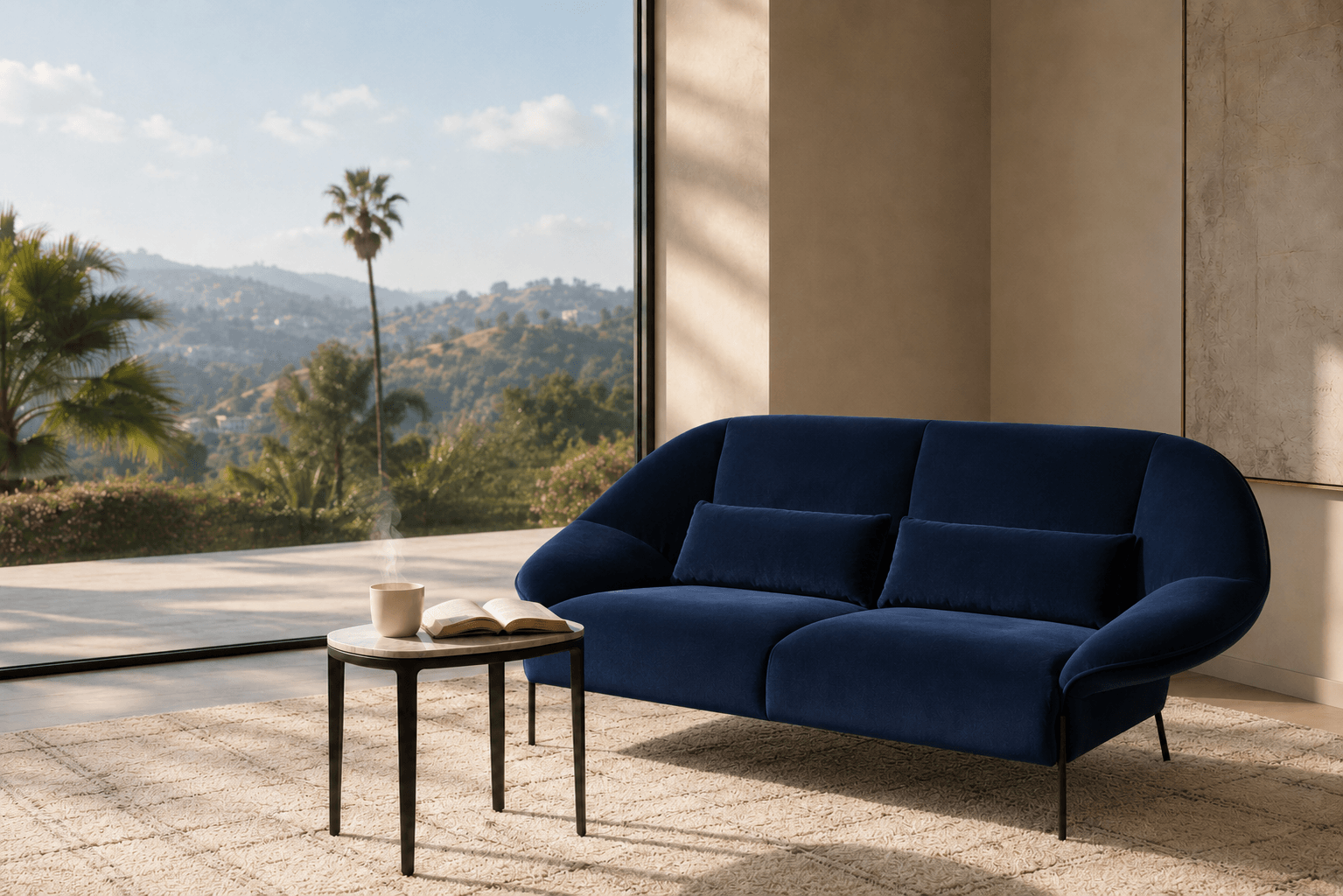 A modern living room with a navy blue sofa, a small coffee table with a book and cup, large windows, and a view of hills and palm trees outside.