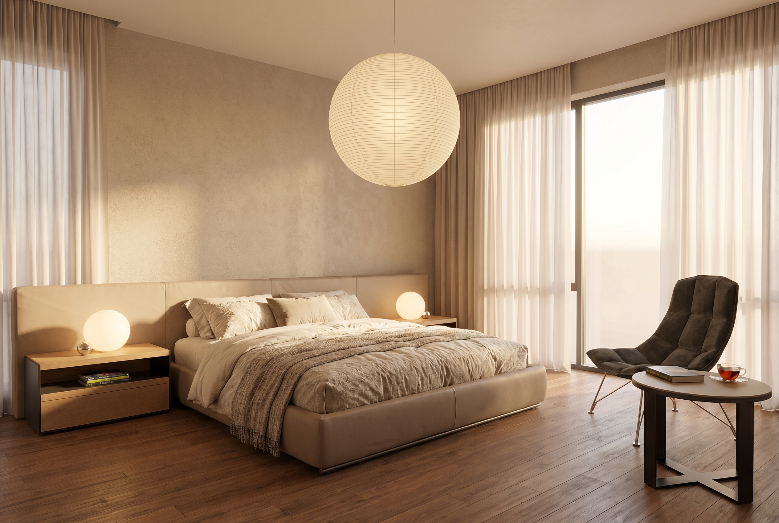 Modern bedroom with a large bed, two bedside tables with lamps, a round pendant light, an armchair, a small table, and floor-to-ceiling curtains over tall windows.