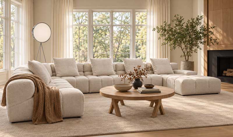 A spacious living room with a large beige sectional sofa, round wooden coffee table, potted plant, floor lamp, light curtains, and a fireplace. Large windows let in natural light.