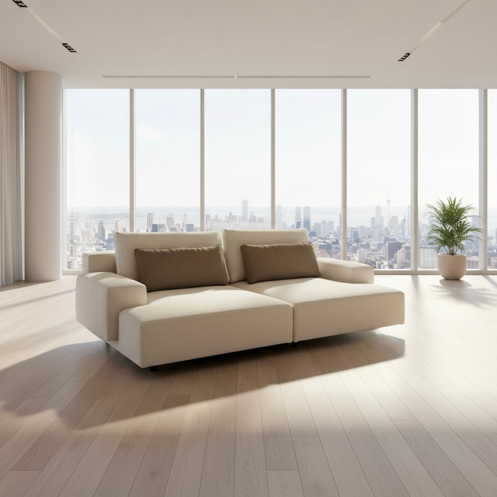 The Molteni & C Marteen Sofa is a modern beige sofa with wide armrests and two rectangular brown back cushions, featuring linen blend upholstery. Shown from the front on a white background.