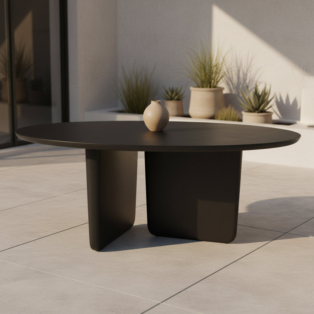 The B&B Italia Tobi-Ishi Outdoor Dining Table by B&B Italia features a modern round black design with a flat top and two asymmetrical base supports, inspired by Zen aesthetics, set against a plain light background.
