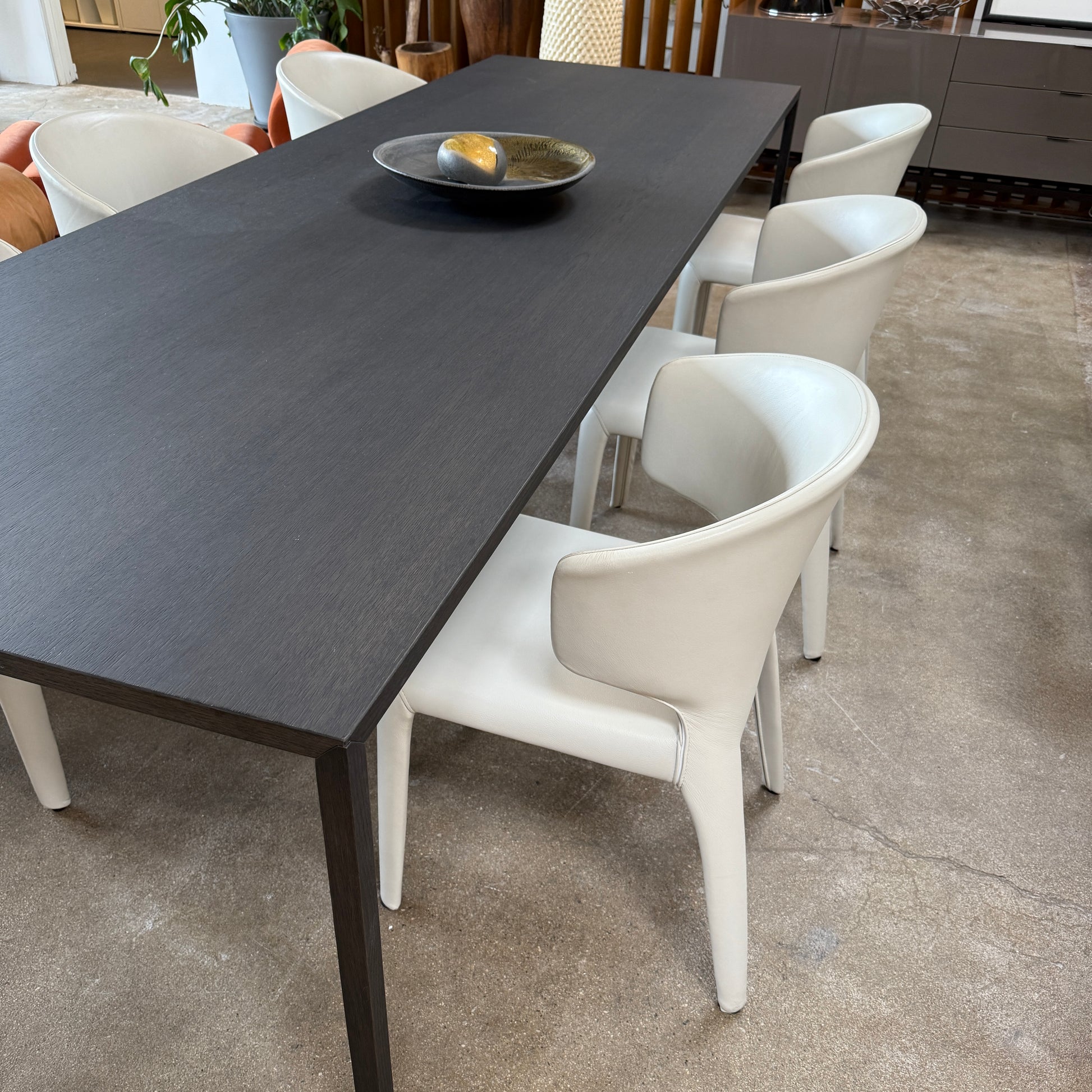 Six Cassina Hola 367 Dining Chairs, identical and upholstered in white leather, are elegantly arranged in two rows on a plain background.