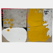 The diptych "Before We Met" by Allison Caesar displays a masterful mixed media technique: the left panel features intricately detailed gray, white, and yellow circles, while the right panel offers dynamic textures as yellow paint interacts with torn paper on a textured surface.