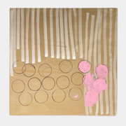 The experimental art piece "Switch" by Allison Caesar showcases vertical white lines, circular outlines, and pink patches on a wooden background.