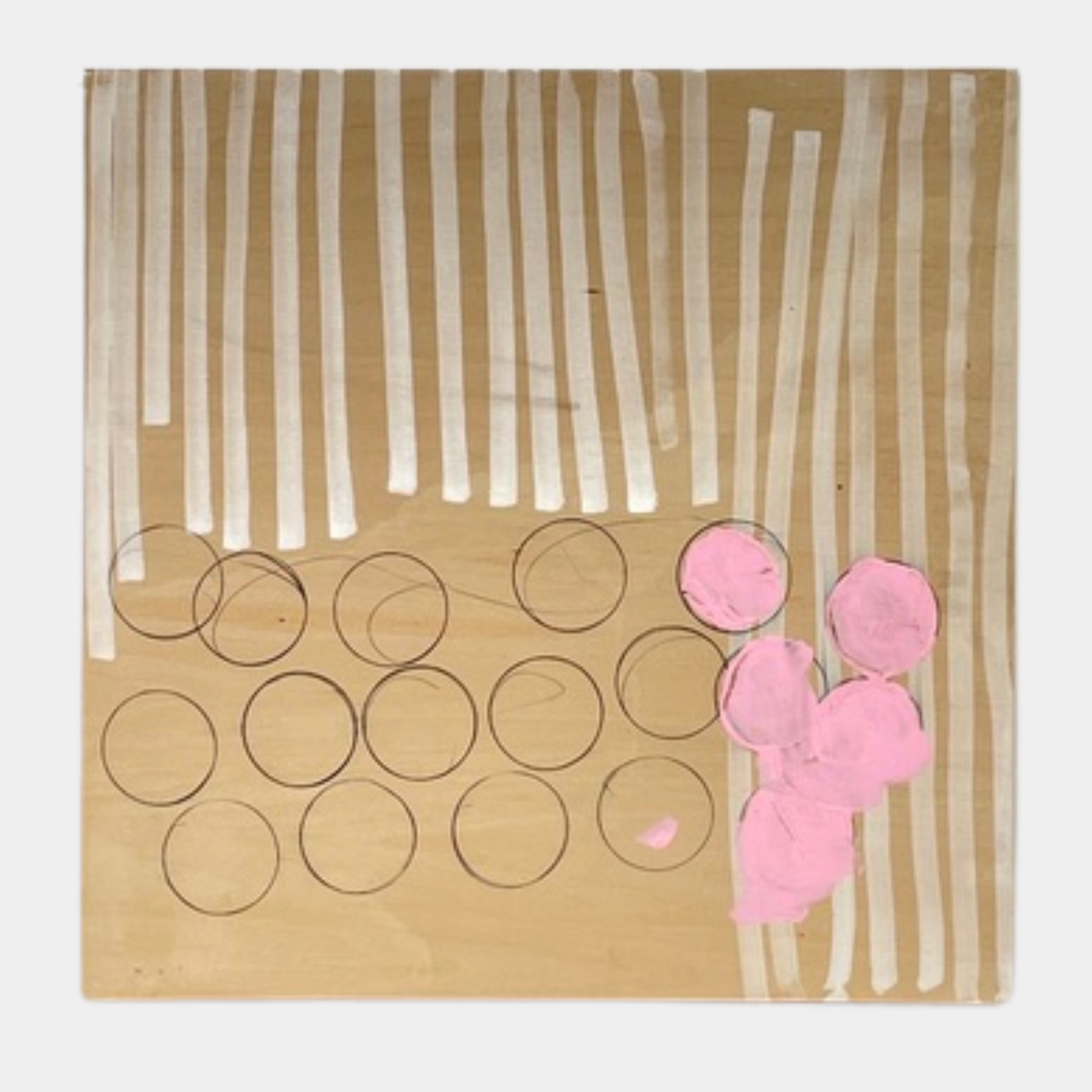 The experimental art piece "Switch" by Allison Caesar showcases vertical white lines, circular outlines, and pink patches on a wooden background.