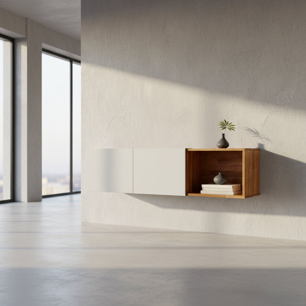 A Modern Resale Mash Studios LAX series 3X Wall Mounted Shelf in natural ash wood and matte white is mounted against a plain wall above a concrete floor, featuring a white exterior with wood-toned interior shelving.
