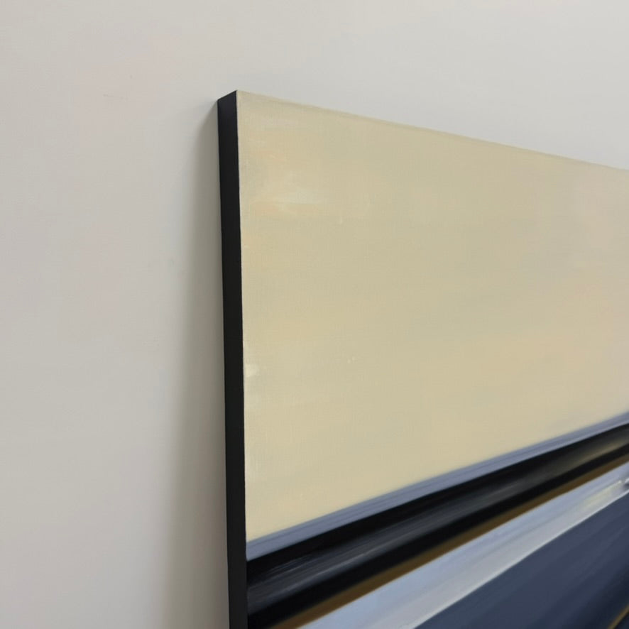 An abstract oil on canvas painting by Miguel Osuna titled “Chase,” depicting a blurred vehicle moving across a dark road against a pale, overcast sky.