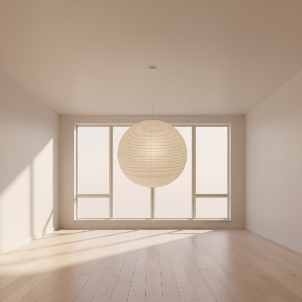 The Noguchi Akari 120A Suspension Lamp by Noguchi, a round beige paper lantern with horizontal ribbing, hangs against a plain white background, showcasing the timeless elegance of Japanese craftsmanship.