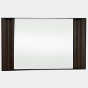 The Holly Hunt Cinema Mirror by Holly Hunt features a rectangular wooden frame, reflecting a grid window, pendant light, and interior, with a luxurious style true to its name.