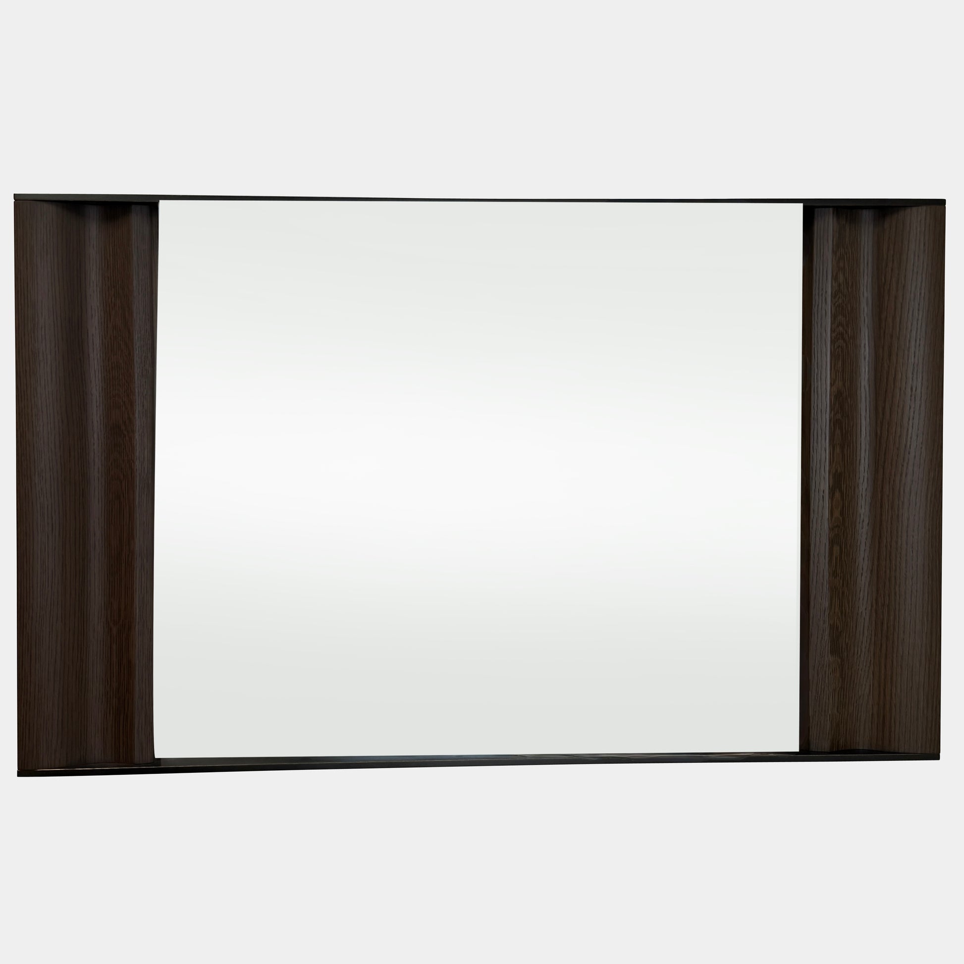 The Holly Hunt Cinema Mirror by Holly Hunt features a rectangular wooden frame, reflecting a grid window, pendant light, and interior, with a luxurious style true to its name.