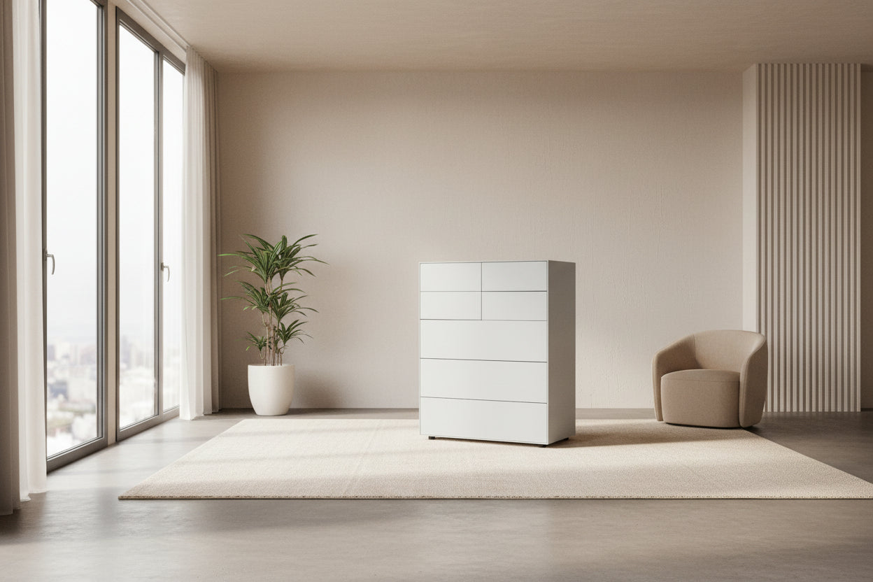 The Treku Lauki Tall Dresser by Treku, with a sleek lacquered finish and push-latch drawers—one partially open—stands on a concrete floor against a plain white wall.