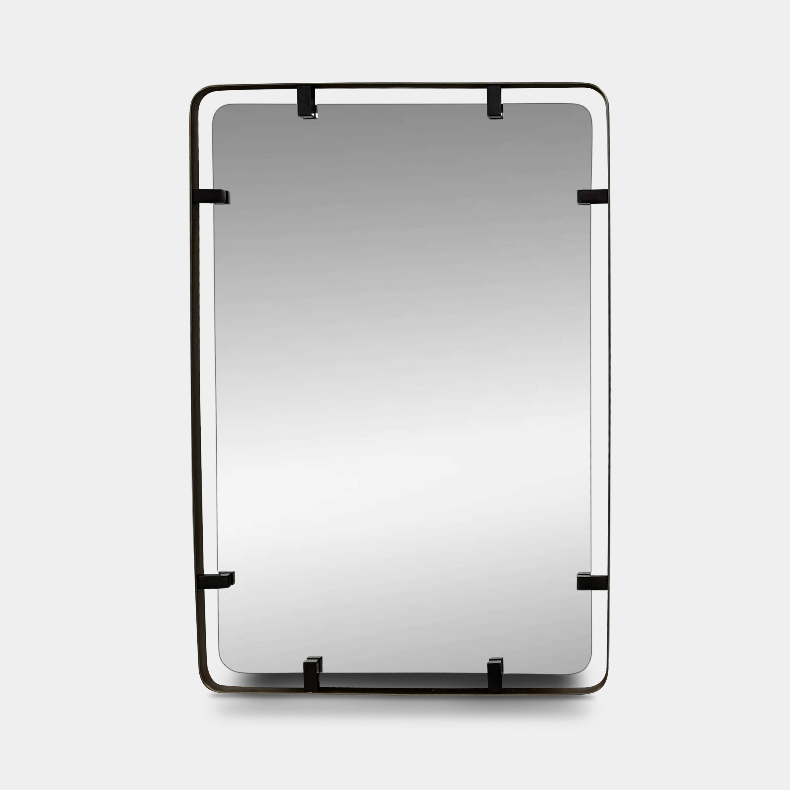 The Made Goods Fremont Mirror from Modern Resale features a rectangular design with rounded corners and a thin black shadow box frame, displayed against a plain light gray background.