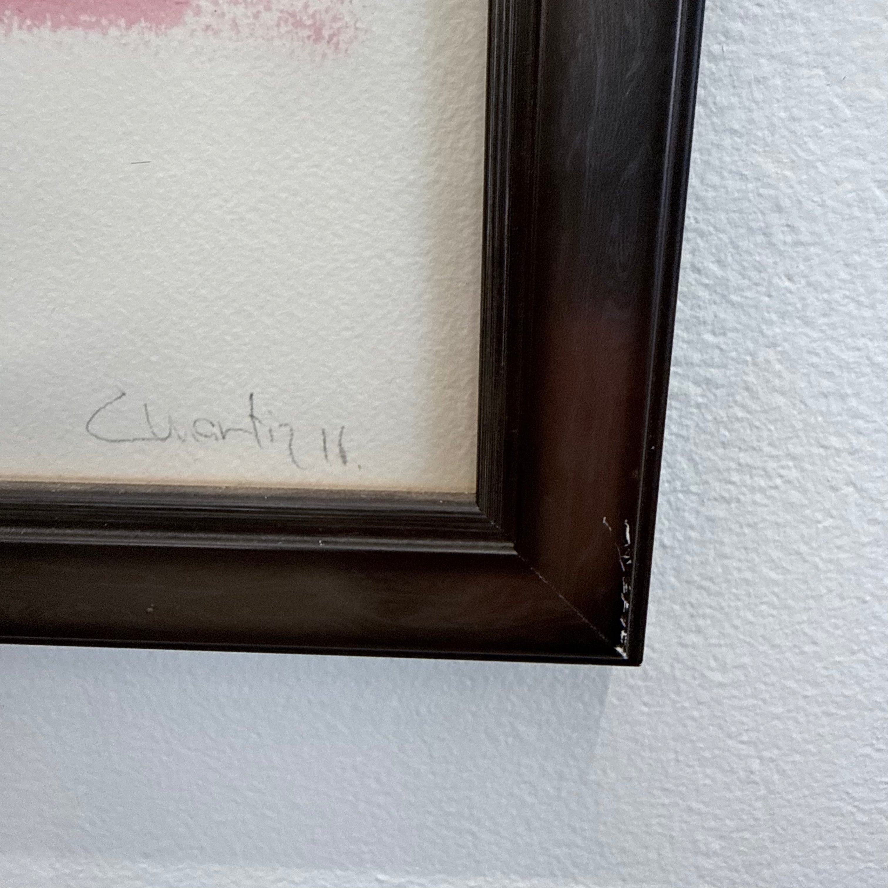 Framed Watercolor: Carlos Martin "Society 3" by Artist displays a person in a suit falling backward against a vivid red and white abstract background.