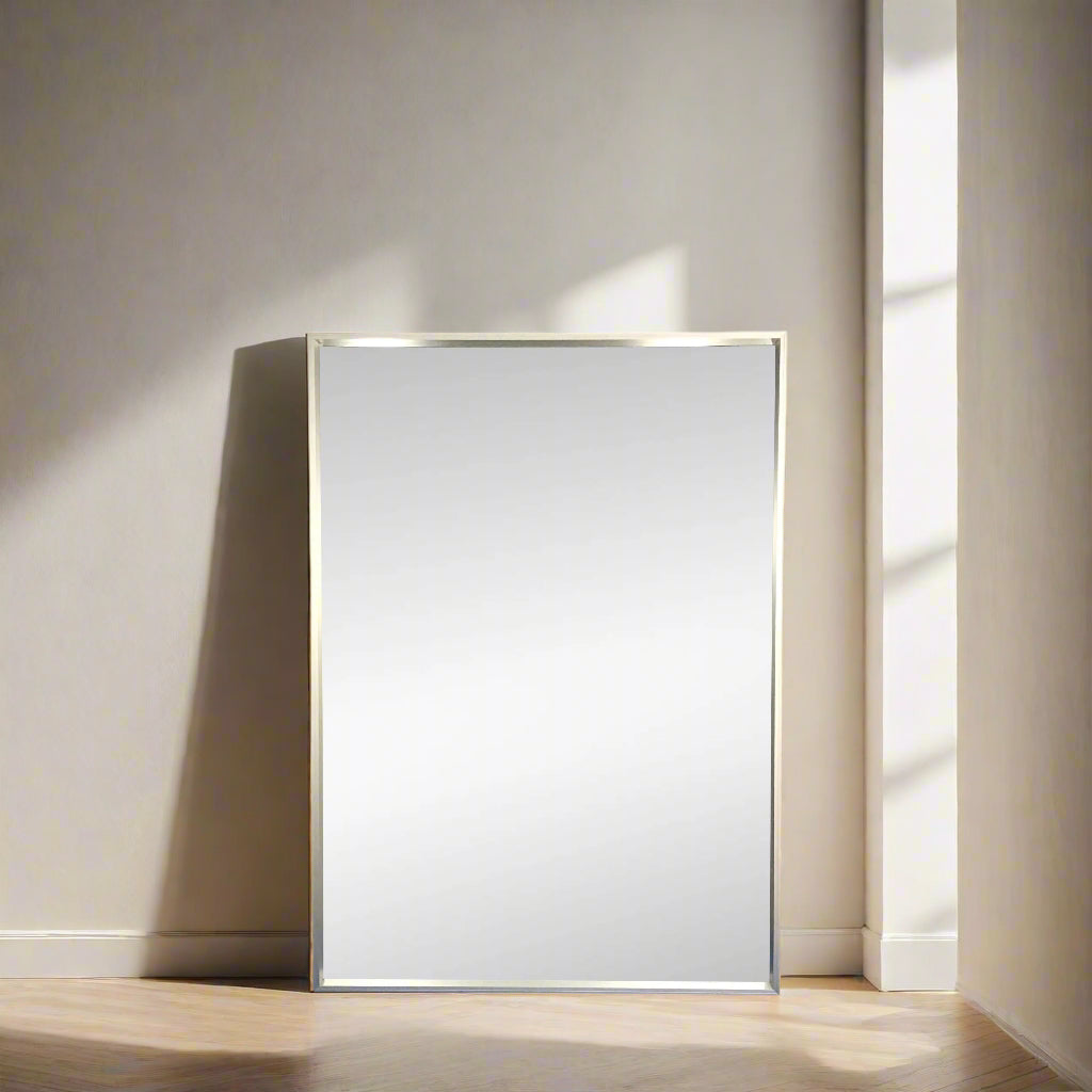 The Bellato Luciano Mirror Large Standing Wall features a sleek, metallic frame and rectangular design, ideal for enhancing space against a simple gray backdrop.