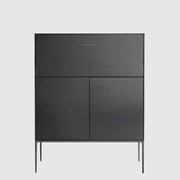 The B&B Italia Eucalipto Living Storage Unit is a sleek black metal cabinet with one drawer, two doors, and slim legs. It offers a minimalist and modern design, perfect for sophisticated bar storage.