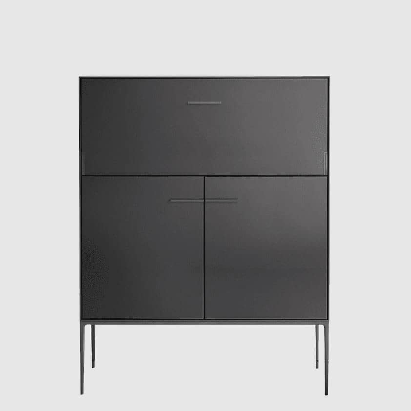 The B&B Italia Eucalipto Living Storage Unit is a sleek black metal cabinet with one drawer, two doors, and slim legs. It offers a minimalist and modern design, perfect for sophisticated bar storage.