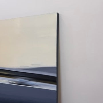 An abstract oil on canvas painting by Miguel Osuna titled “Chase,” depicting a blurred vehicle moving across a dark road against a pale, overcast sky.