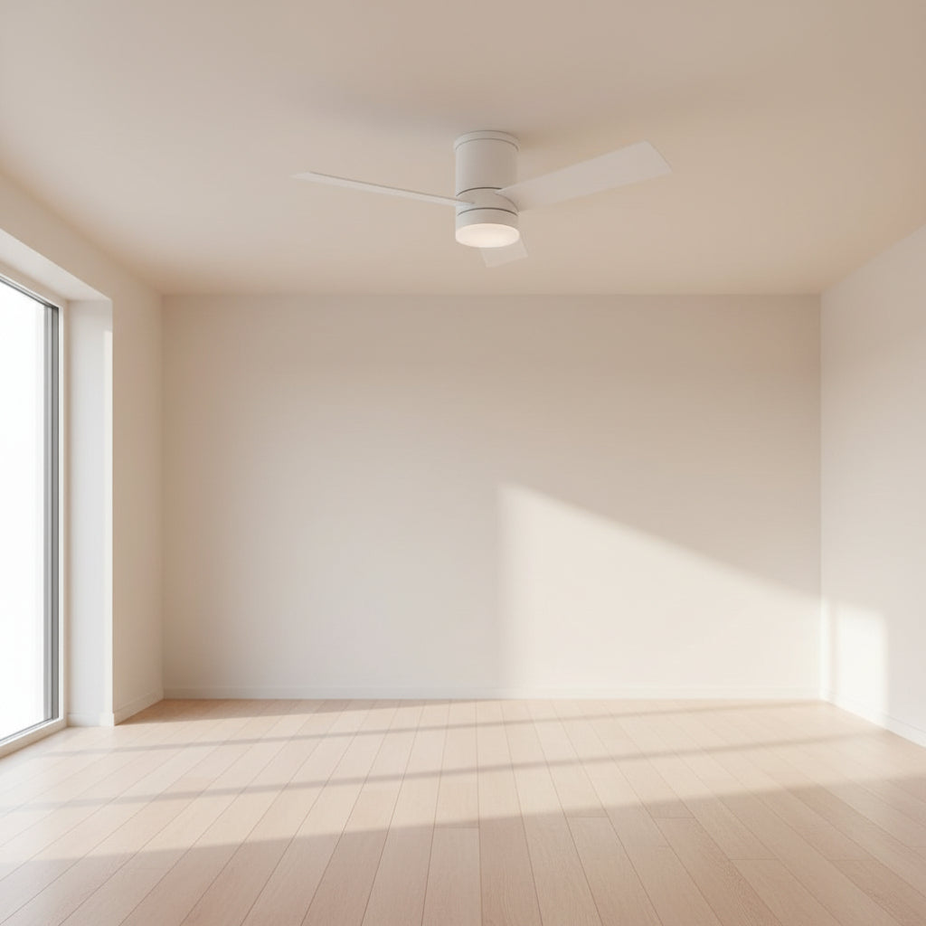 The Modern Forms Axis LED Flushmount Smart Fan in white features three blades and an integrated light, mounted on a plain white ceiling.