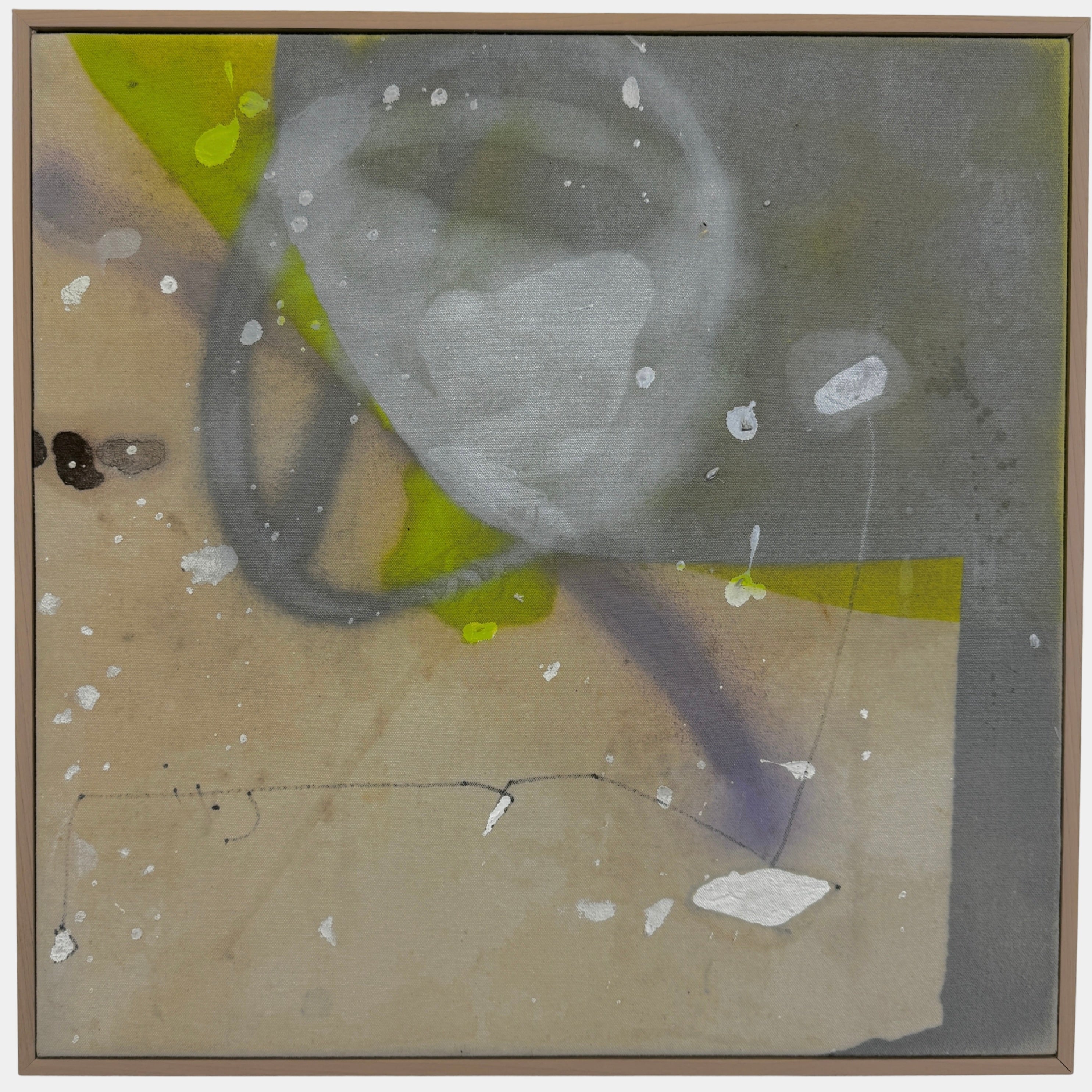 Framed Painting: Allison Caesar Mixed Media - Untitled by Artist features gray, beige, and yellow with circular forms, splatters, and dark spots on a textured background. This elegant artwork enhances any space.