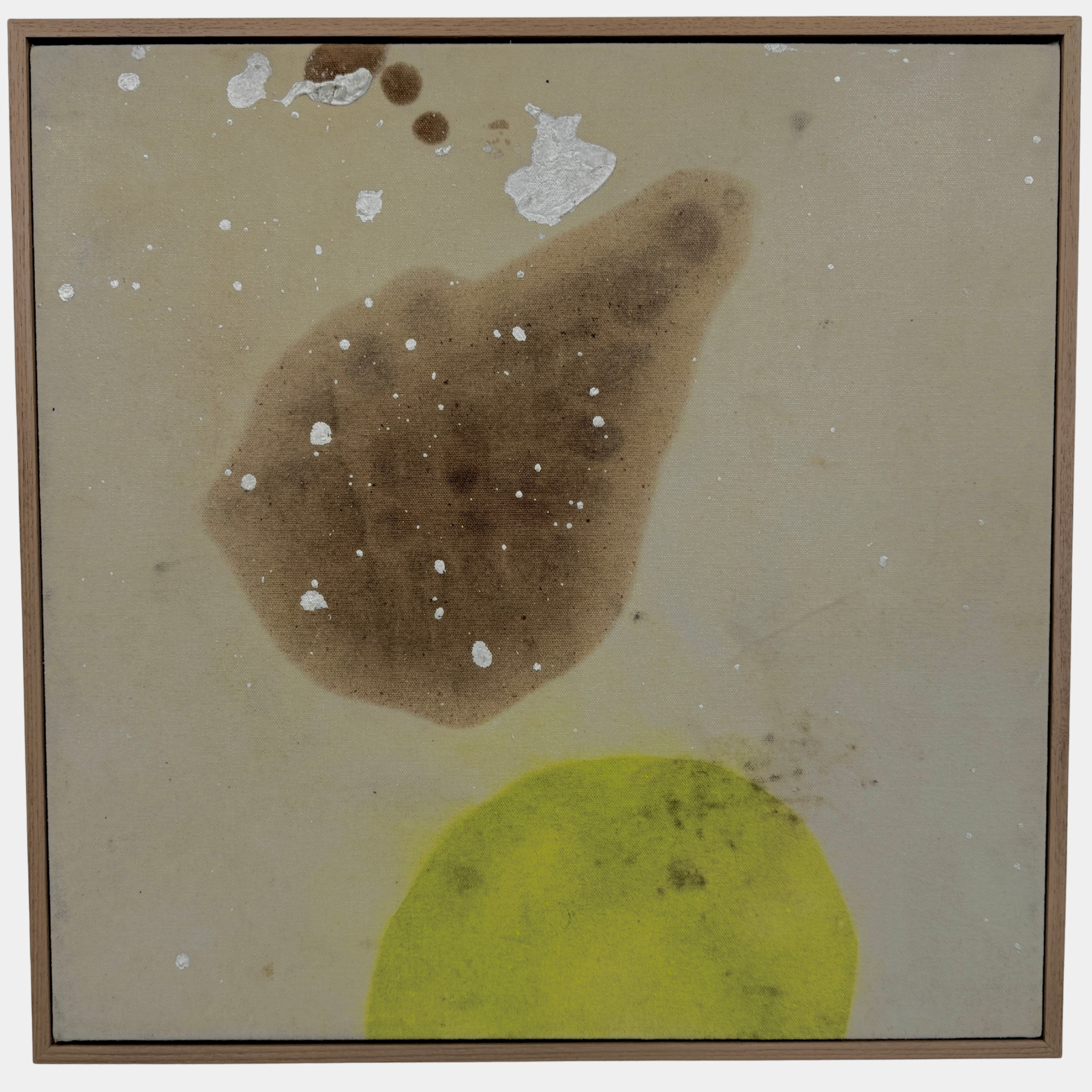 Framed Painting: Allison Caesar Mixed Media #2 - Untitled by Artist features abstract forms in brown and yellow-green with white splatters on a beige background, showcased in a thin frame.