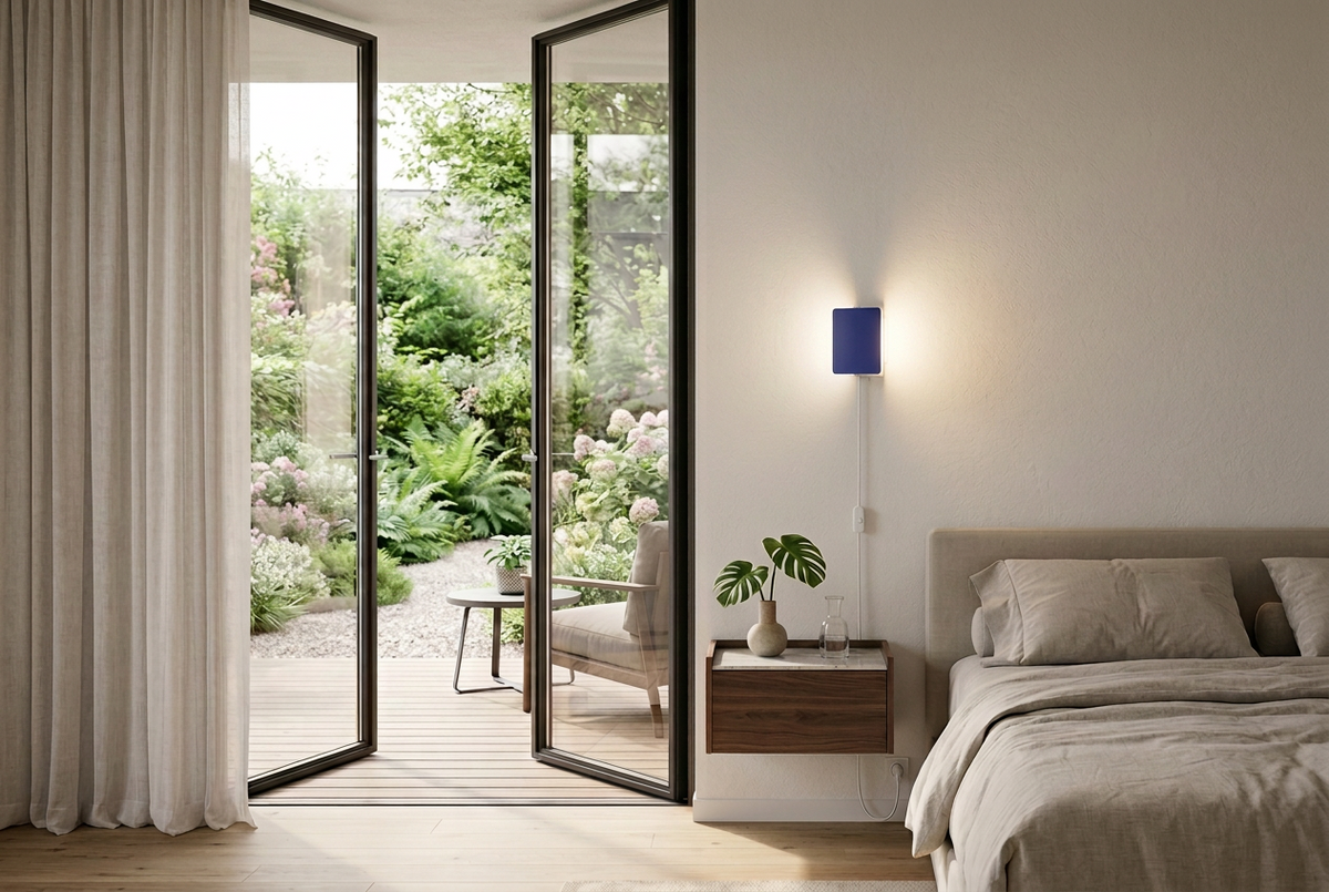 A Nemo Applique À Volet Pivotant Wall Sconce - Blue, featuring a rectangular, dark blue pivoting panel mounted on a white base.