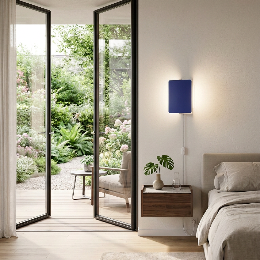 A Nemo Applique À Volet Pivotant Wall Sconce - Blue, featuring a rectangular, dark blue pivoting panel mounted on a white base.
