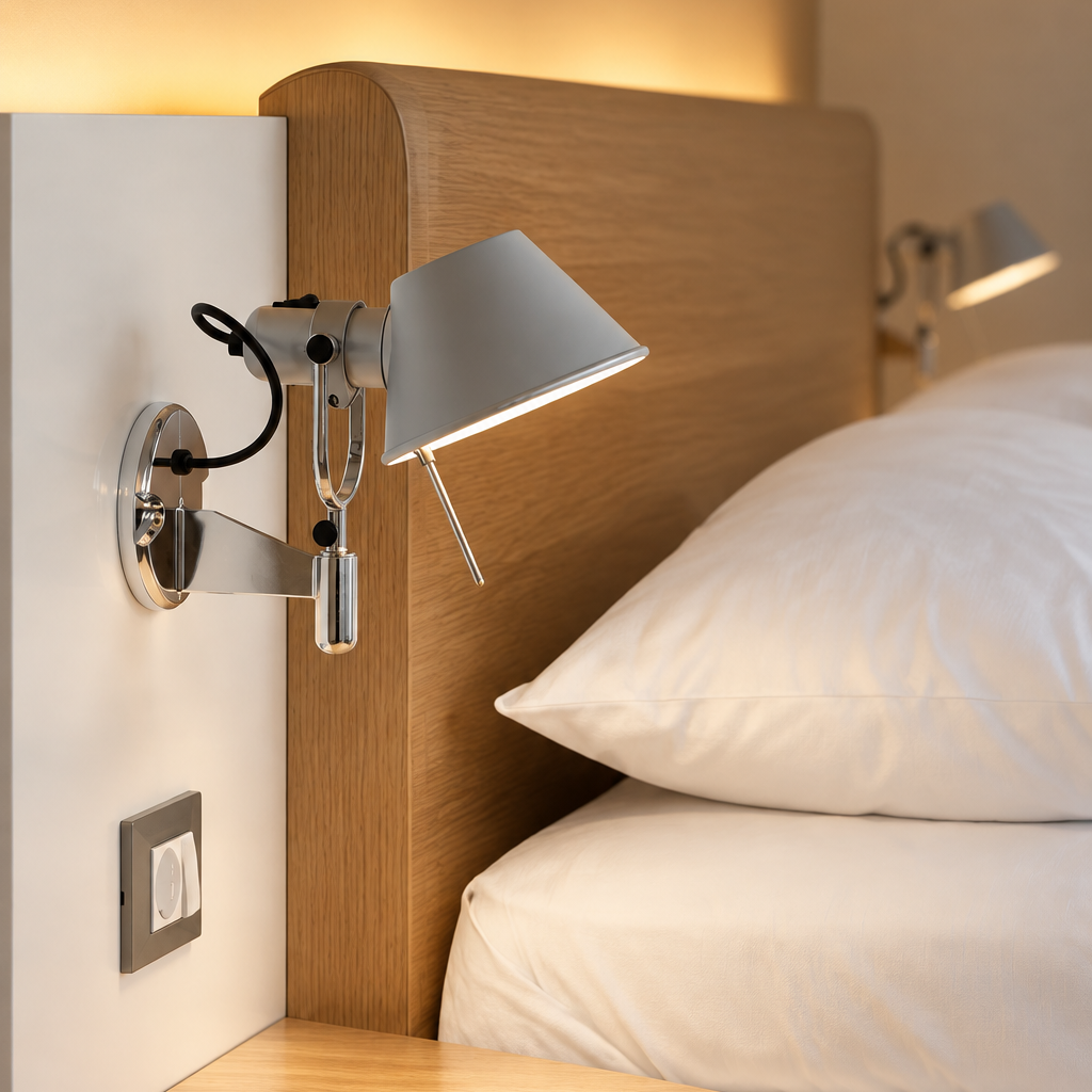 Artemide Tolomeo Classic Spot wall-mounted task light featuring a conical shade and a small adjustment handle.