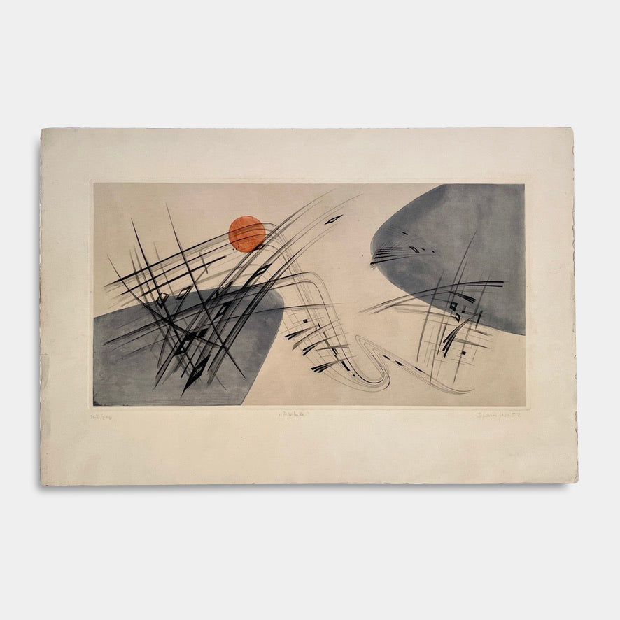 The "Prelude" Archival Print by Ferdinand Springer, available under the brand Ferdinand Springer, features intersecting black lines, a red-orange circle, and gray curved shapes on a light background, reminiscent of an original aquatint etching.