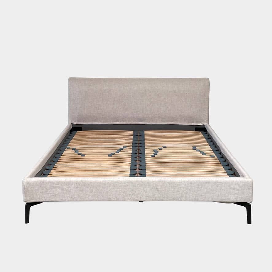 Modern Camerich Alison Plus Queen Bed, upholstered with wooden slats, isolated on a white background.