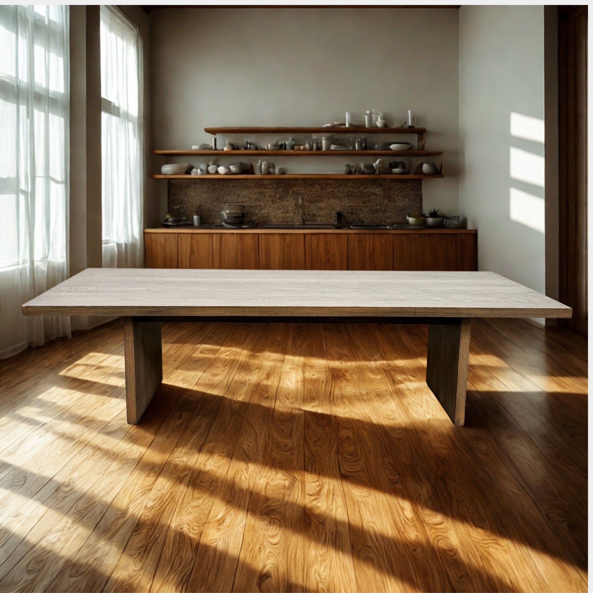 A close-up of the BDDW Solid Oak dining table by Modern Resale, showcasing its wooden surface with visible grain patterns and a grayish-brown finish.