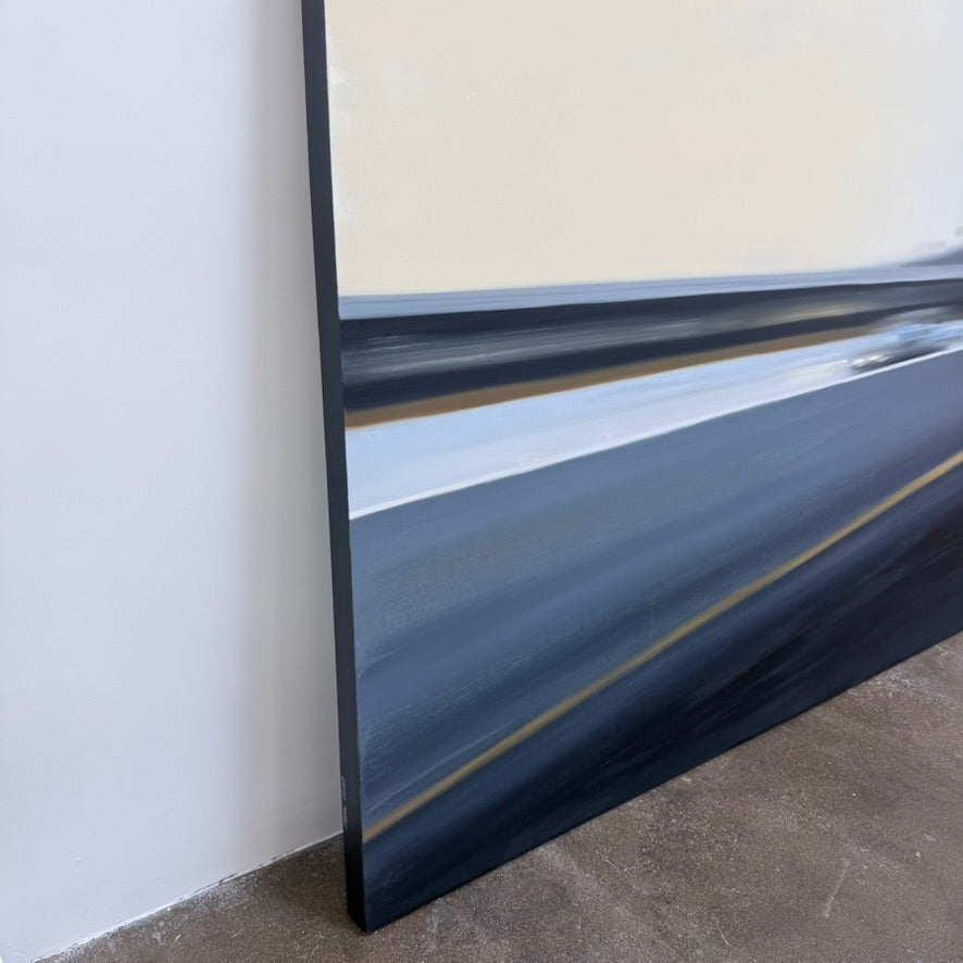 An abstract oil on canvas painting by Miguel Osuna titled “Chase,” depicting a blurred vehicle moving across a dark road against a pale, overcast sky.