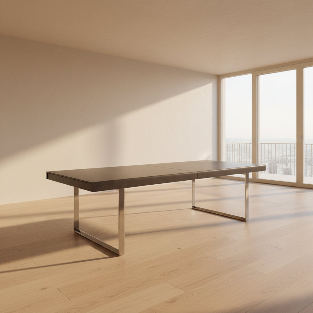 The B&B Italia Athos 12 Extendable Dining Table by Paolo Piva features a sleek rectangular dark gray top and black metal legs, showcased against a plain white background.