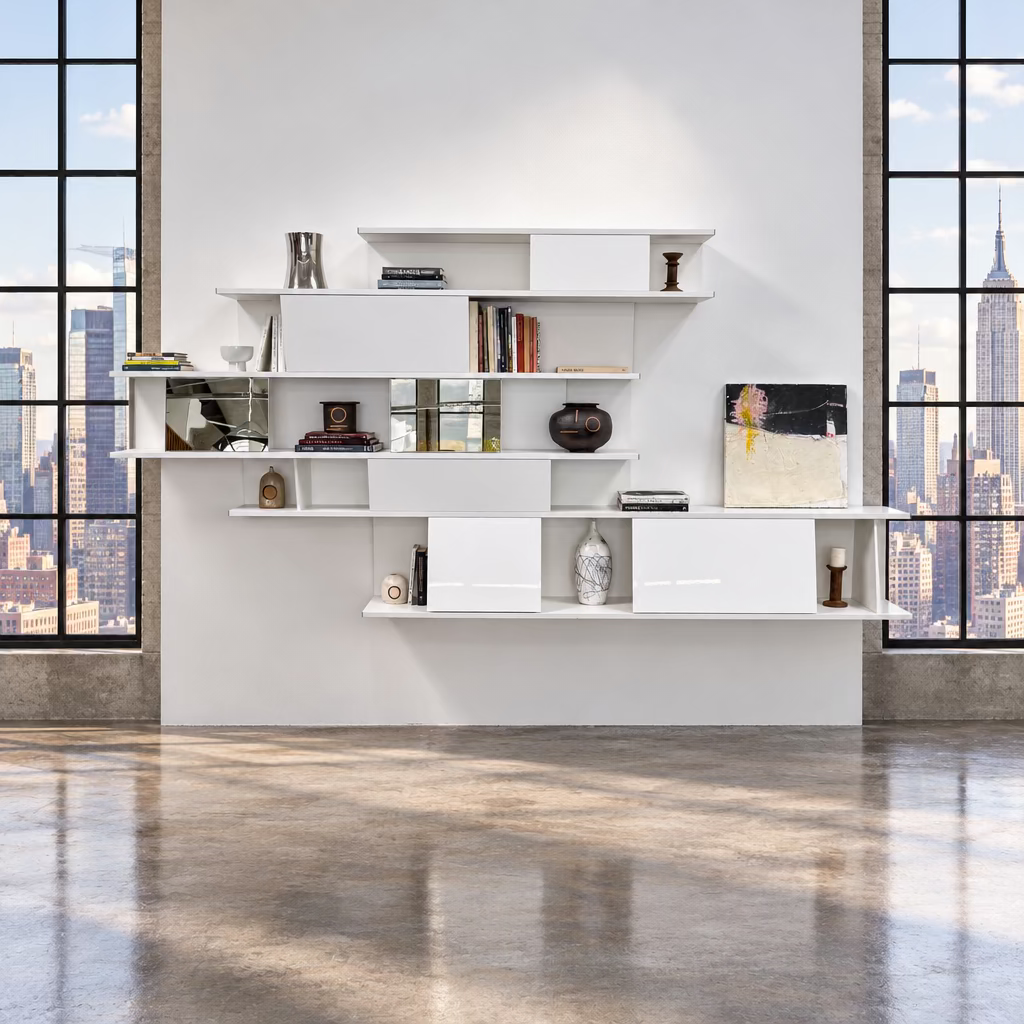A white, wall-hanging B&B Italia Shift Wall Hanging Shelving System featuring horizontal tiers, enclosed cabinets, and assorted decorative objects and books to create a sculptured bookcase.