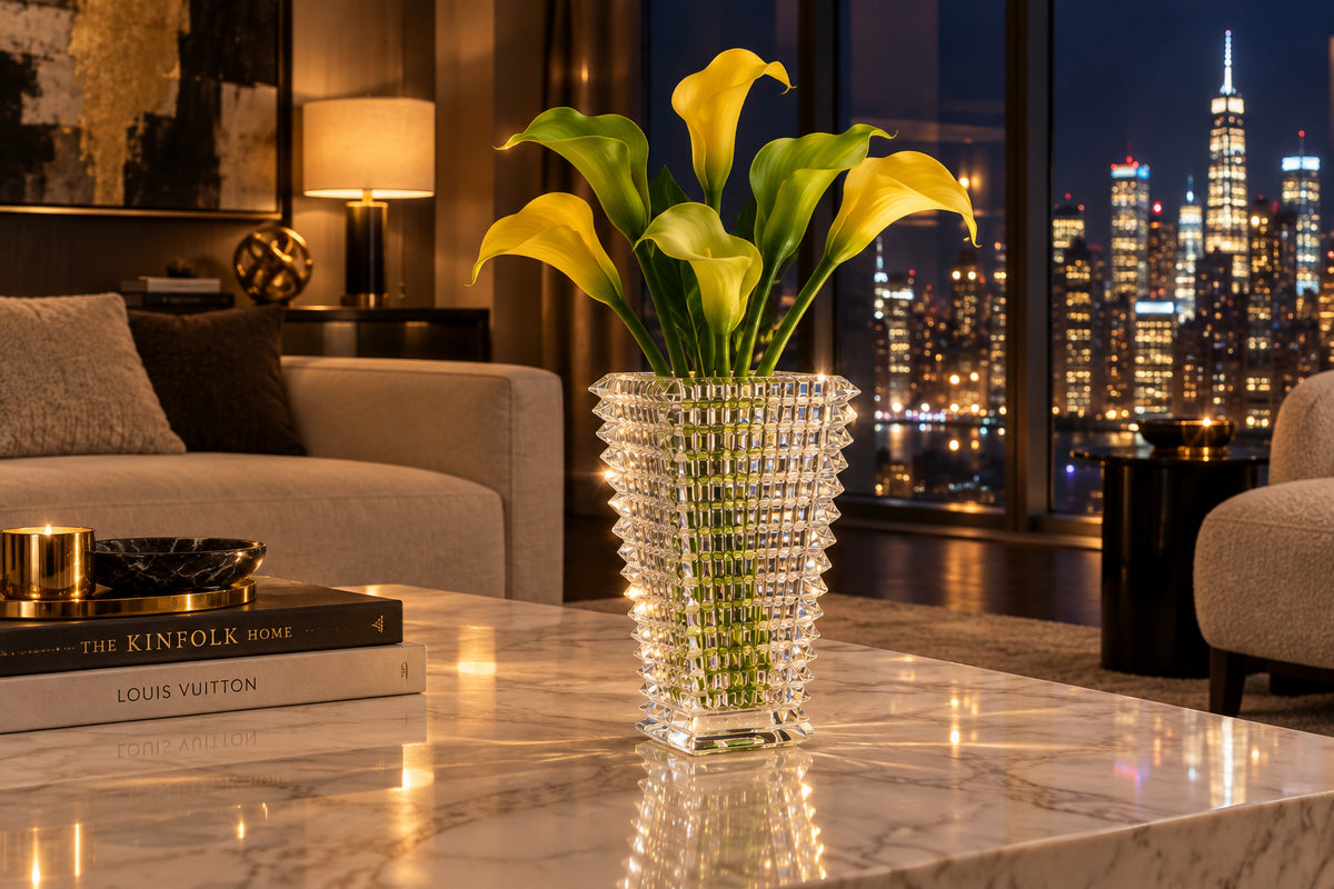 The Baccarat Eye Vase by Baccarat features clear glass with a geometric textured design, shown on a white pedestal and plain white background.