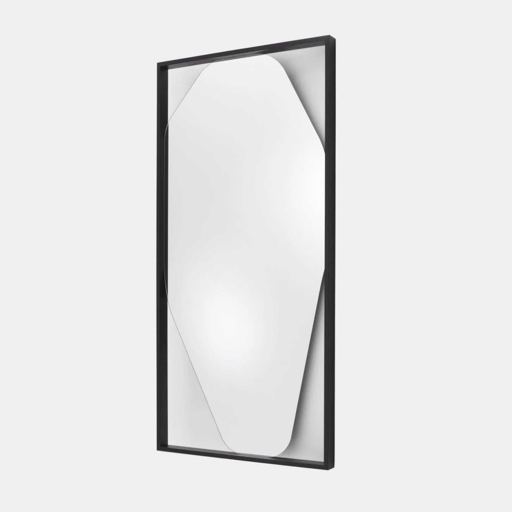 Rectangular wall mirror featuring a geometric, irregular octagonal silhouette set in a slim black metal frame against a minimalist backdrop—introducing the Ligne Roset Belize Mirror by Ligne Roset, an effortlessly modern statement piece for any space.
