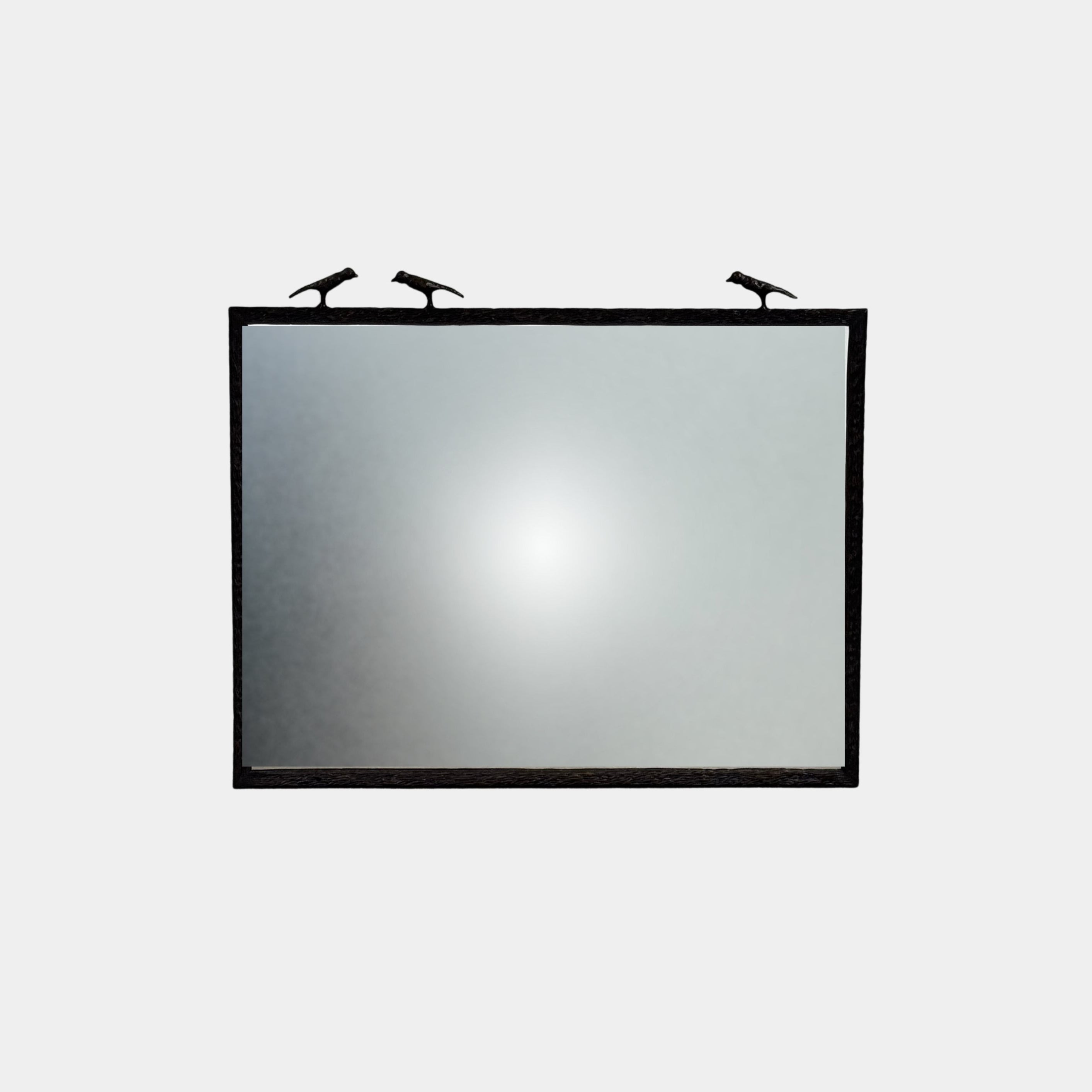 The Made Goods Joelle Three Birds Mirror is a rectangular wall mirror with a dark frame and three bird-shaped accents on its top edge, shown against a plain light background.